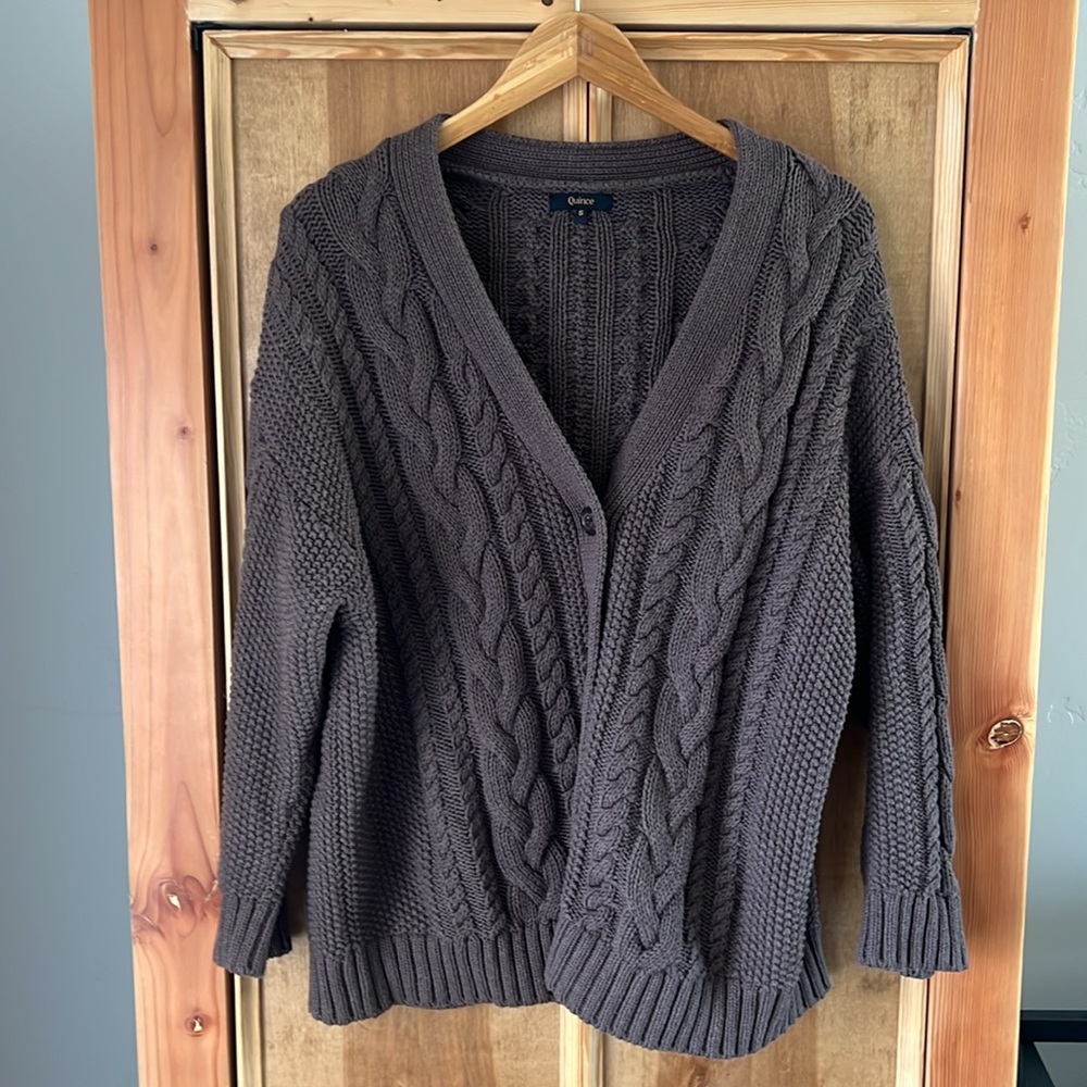 Quince 100% Organic Cotton Oversized Cable Cardigan, Small in Heather Brown